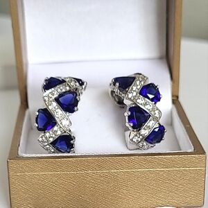 Vintage Boho Chunky Blue Crystal Heart Thick Wide Sterling Silver Hoop Earrings